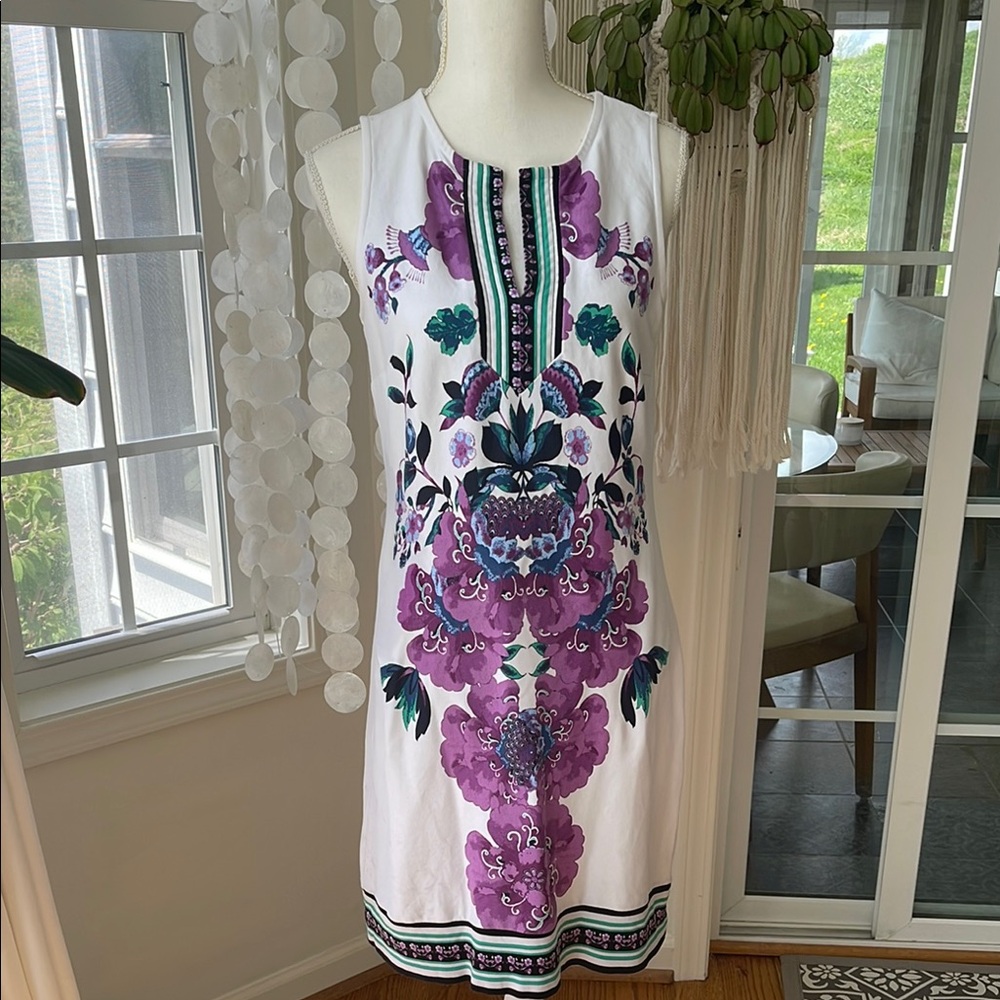 Floral Sleeveless Dress with Purple and Green Accents size medium